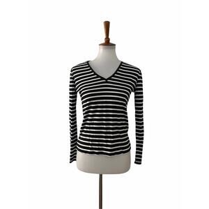 The Kooples Womens V Neck Striped Shirt Long Sleeve Black White S Small